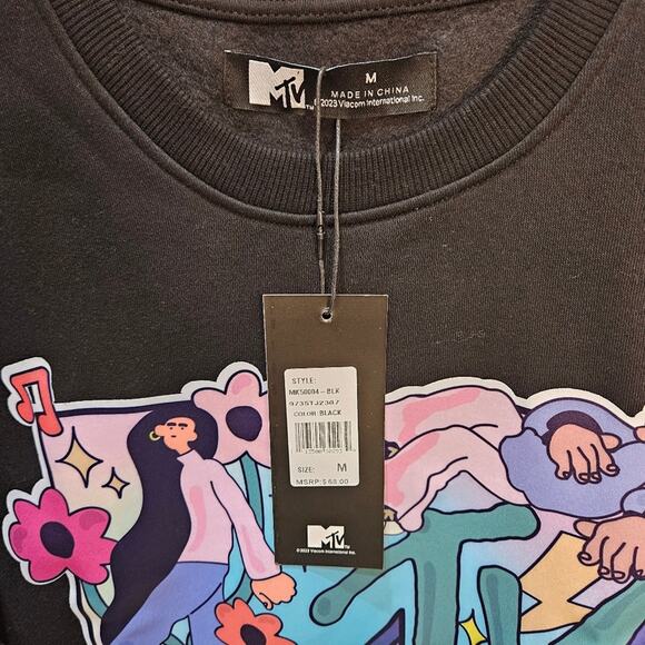 MTV Graphic Floral Retro Crewneck Sweatshirt Black Size Medium - Picture 2 of 6